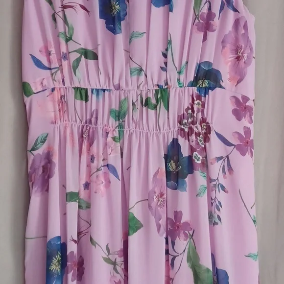 Talbots Georgette Botanical Fit&Flare Midi Dress, Purple Floral, Ruched Waist - Picture 12 of 16